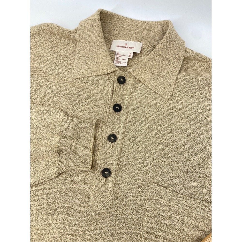 Ermenegildo Zegna Polo Men Large 52 Tan Long Sleeve Knit Luxury Italian Designer